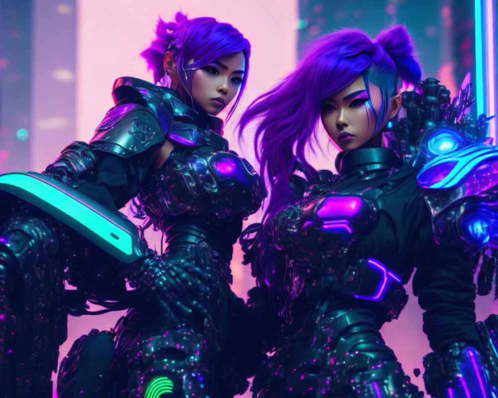 Futuristic female warriors with purple hair in neon-lit armor in cyberpunk cityscape