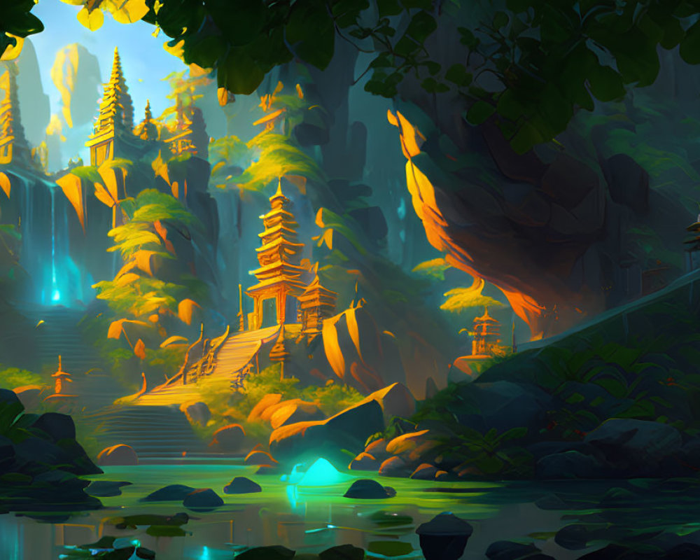 Mystical forest scene with ancient temple, figure, pond, and sunlight.