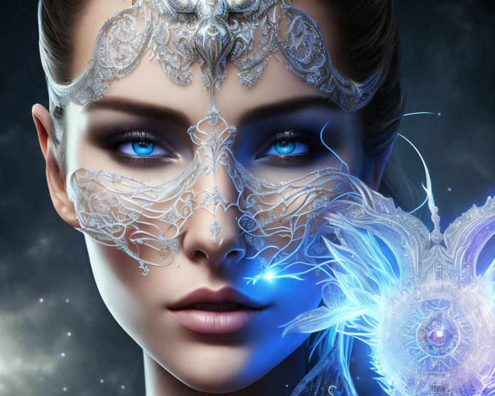 Silver Mask and Butterfly-Like Object with Blue Eyes in Cosmic Setting