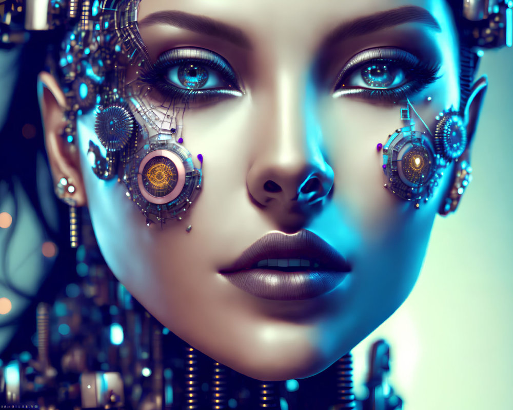 Female cyborg with intricate details and glowing blue eyes on blue background