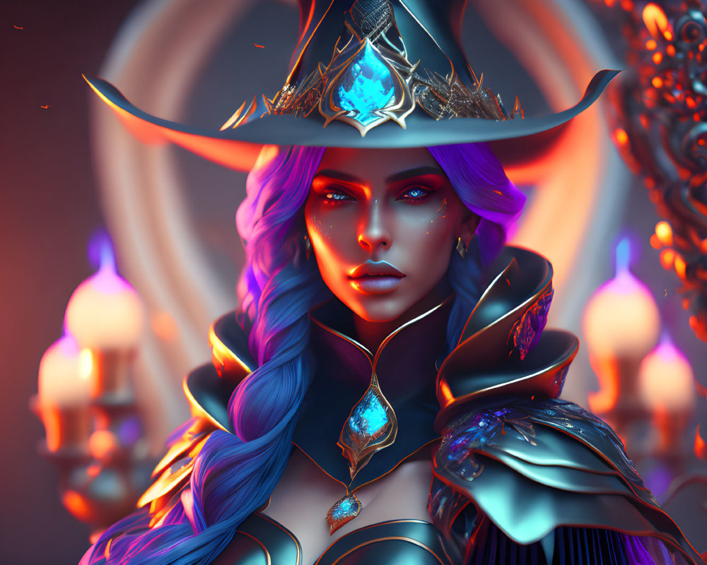 Blue-skinned woman in witch's hat and armor with purple hair against mystical backdrop