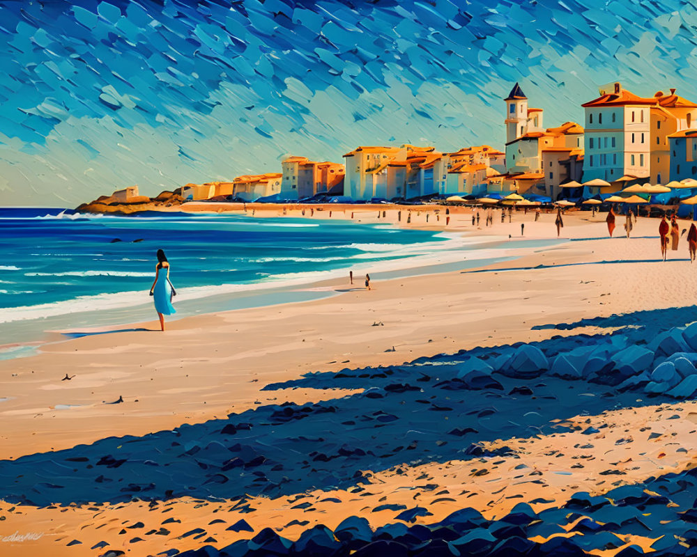 Person walking on sandy beach with coastal buildings and calm sea