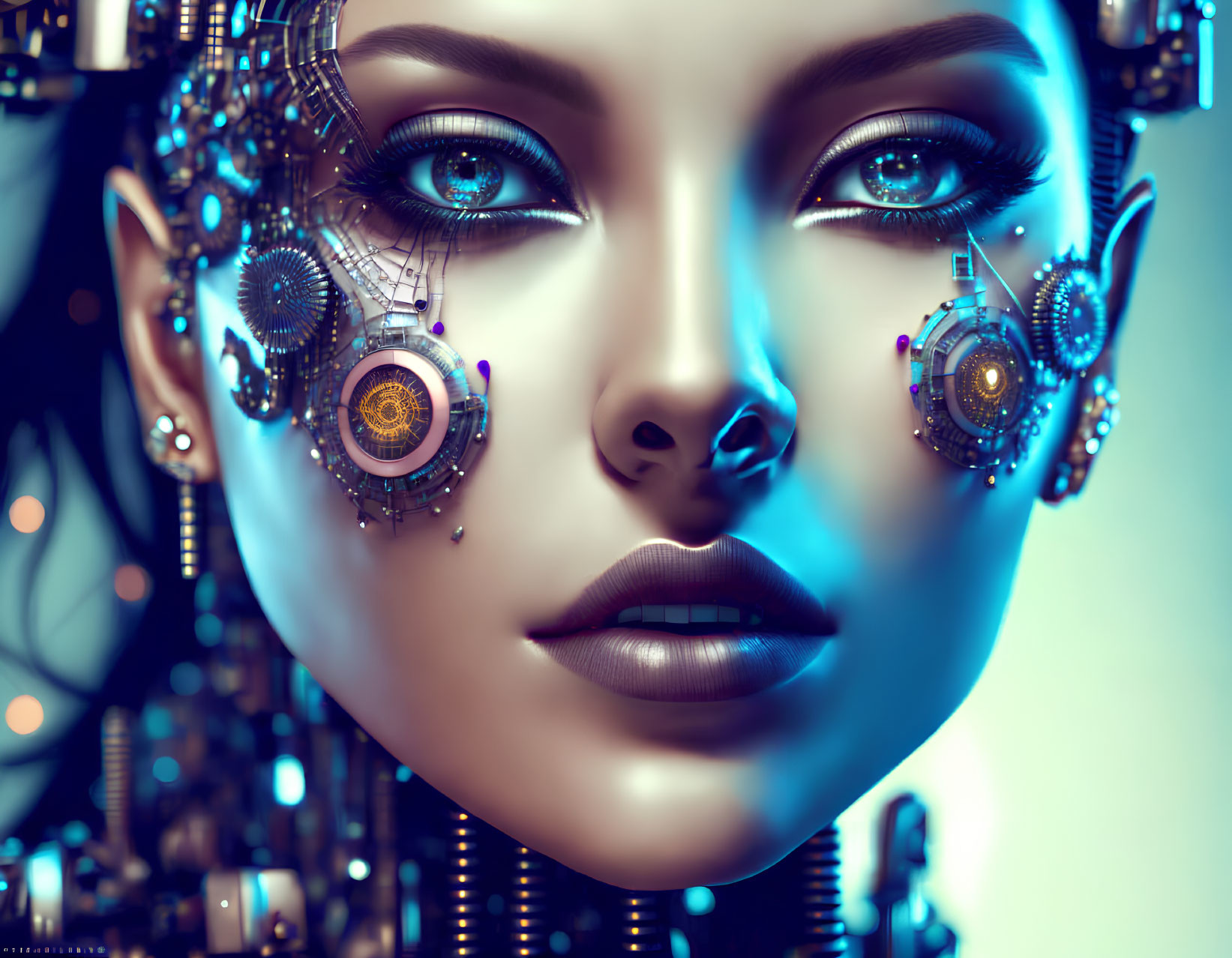 Female cyborg with intricate details and glowing blue eyes on blue background