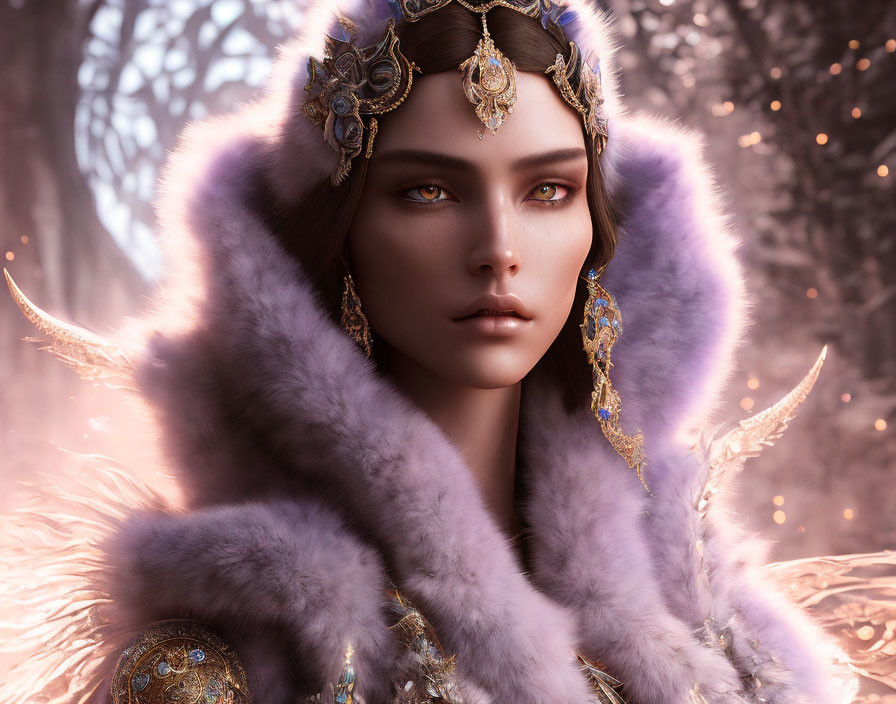 Regal figure in ornate headdress against mystical forest backdrop