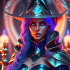 Blue-skinned woman in witch's hat and armor with purple hair against mystical backdrop