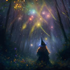 Mystical forest scene with cloaked figure at night