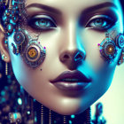 Female cyborg with intricate details and glowing blue eyes on blue background