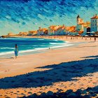 Person walking on sandy beach with coastal buildings and calm sea