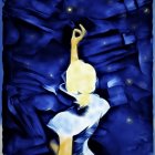 Illustration of person in blue dress reaching for stars in night sky