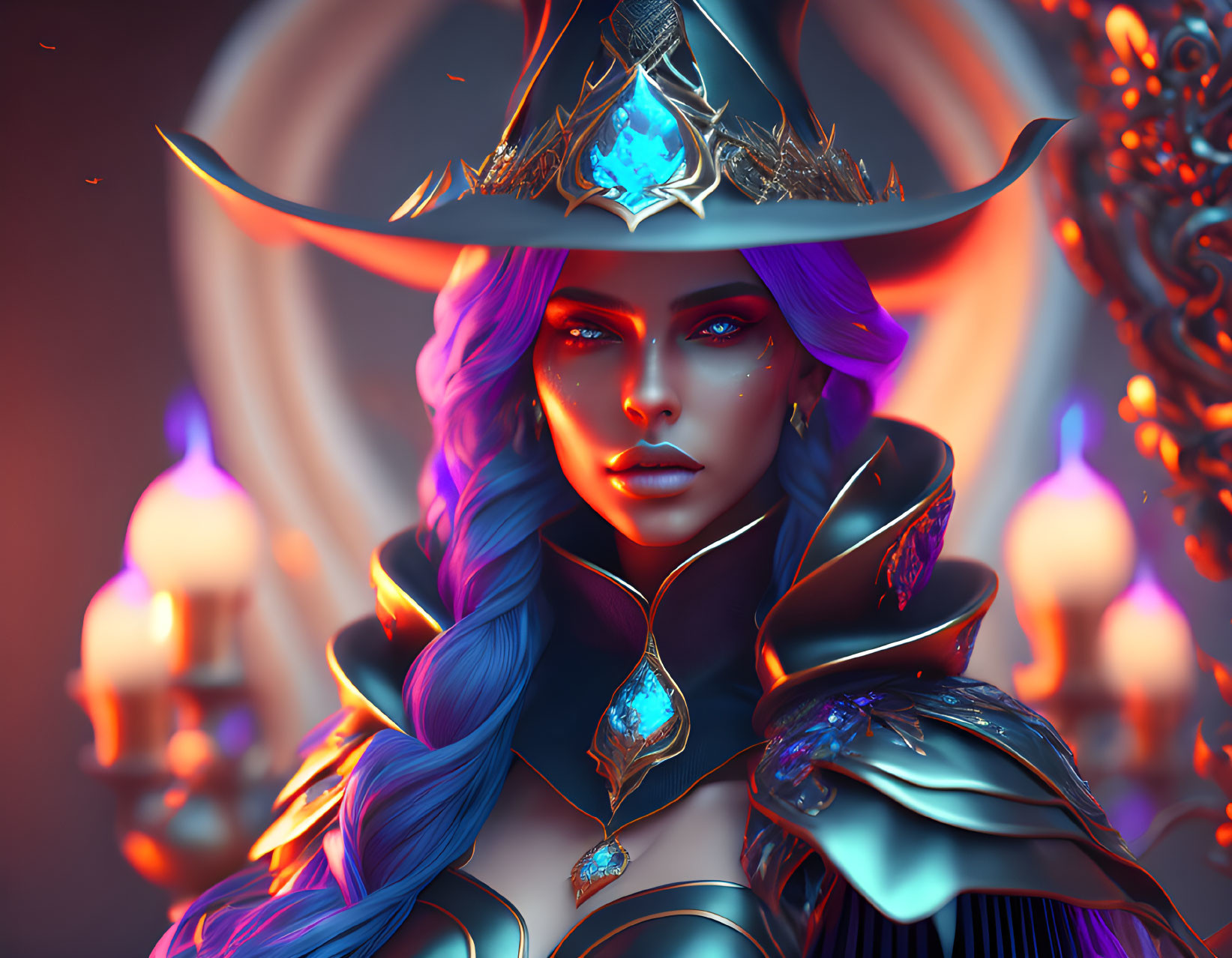 Blue-skinned woman in witch's hat and armor with purple hair against mystical backdrop