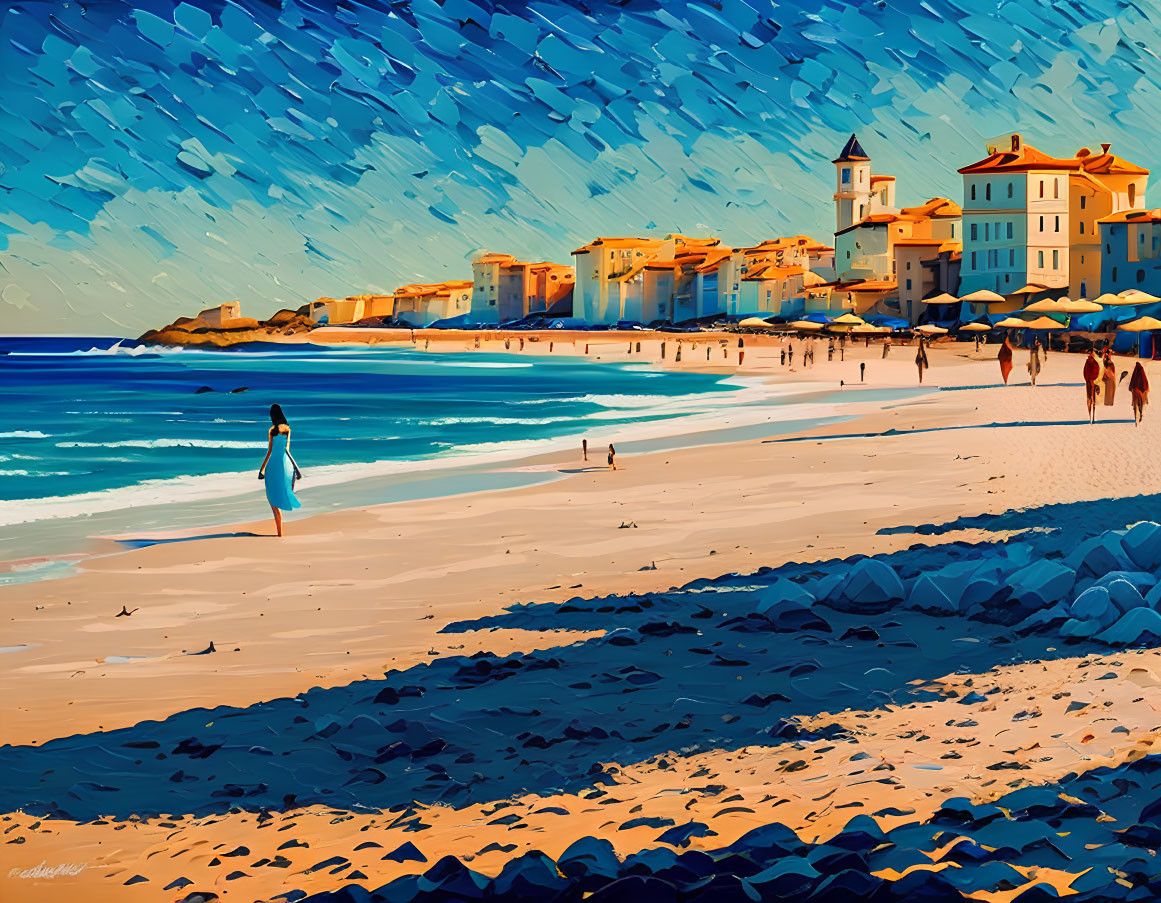 Person walking on sandy beach with coastal buildings and calm sea