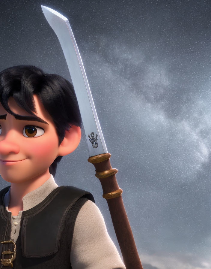 Animated boy with sword against cloudy sky