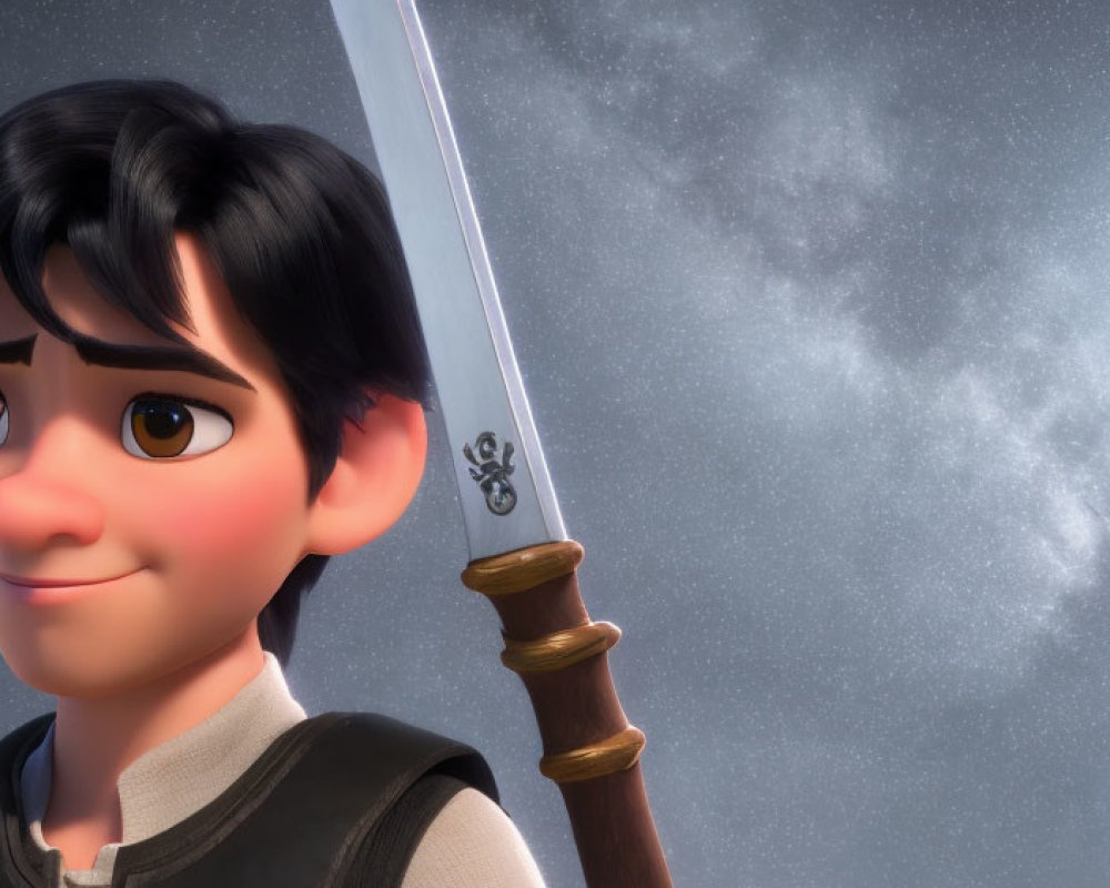 Animated boy with sword against cloudy sky