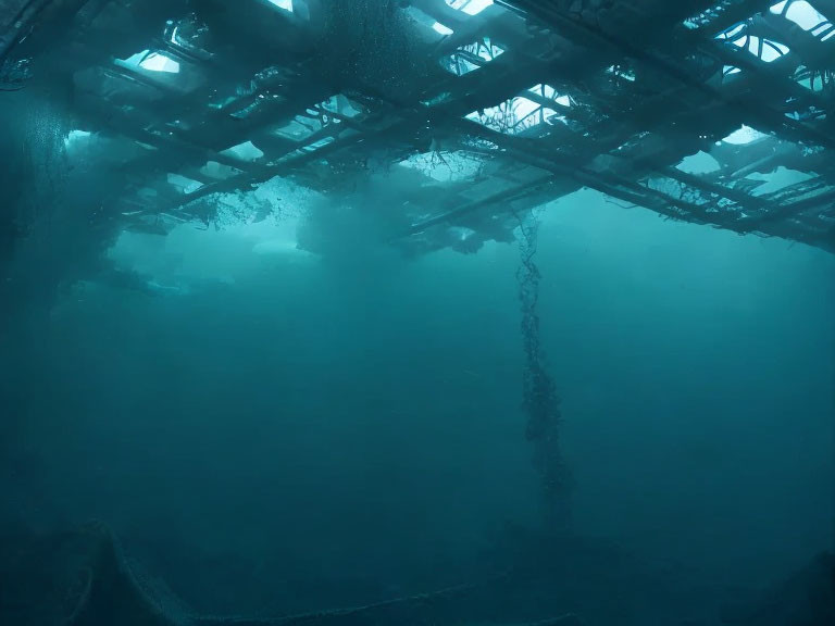 Sunken structure with crisscrossing beams and marine life habitat