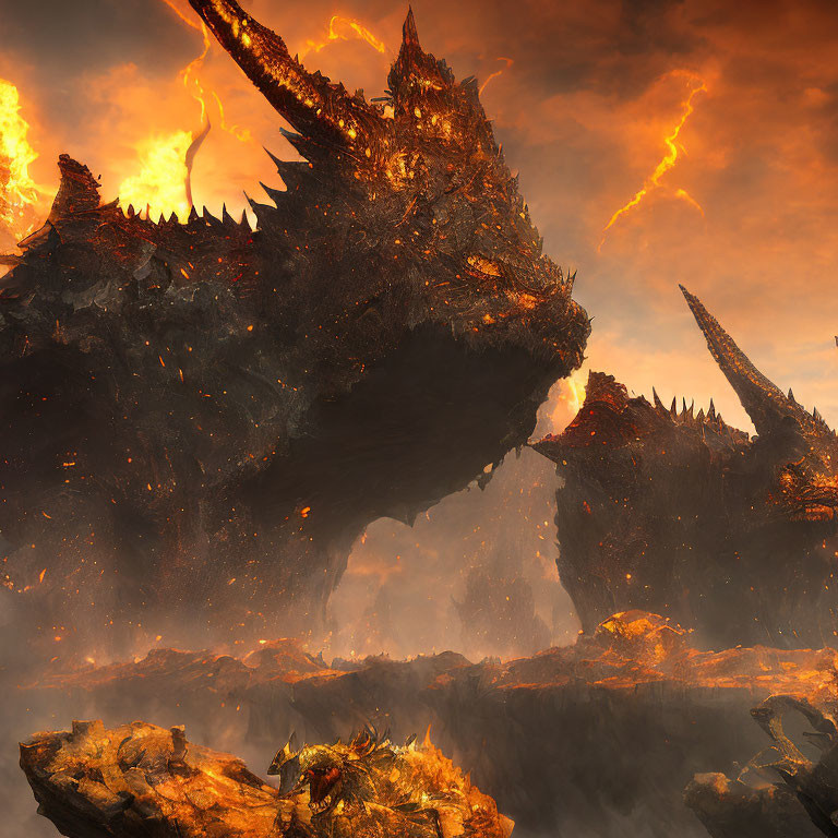 Majestic Dragon in Fiery Landscape with Lightning-filled Skies