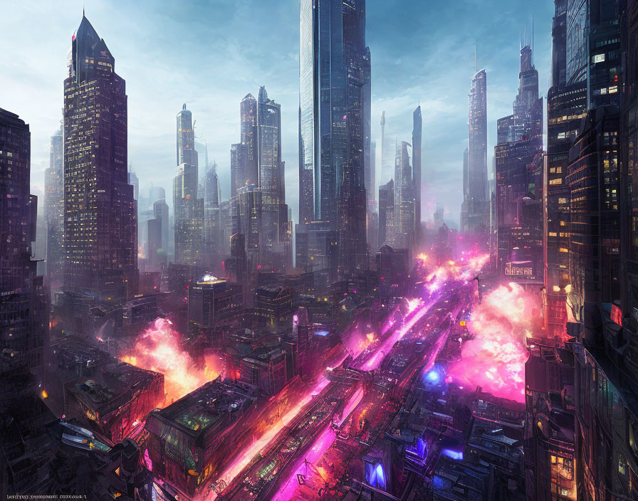 Futuristic cityscape with neon lights and flying vehicles at twilight