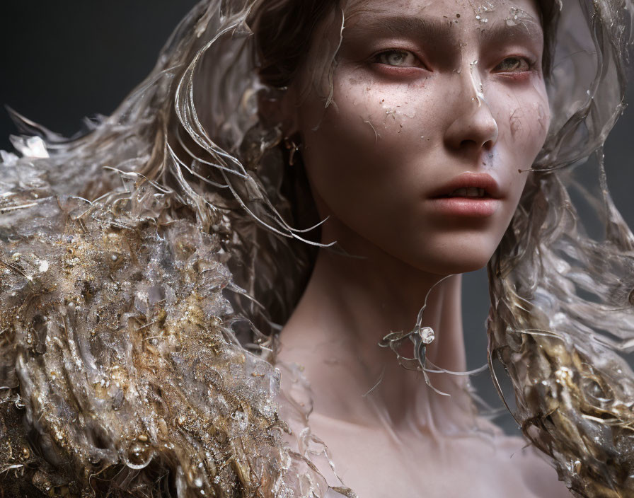 Close-Up of Person with Ethereal Makeup and Feathery Details