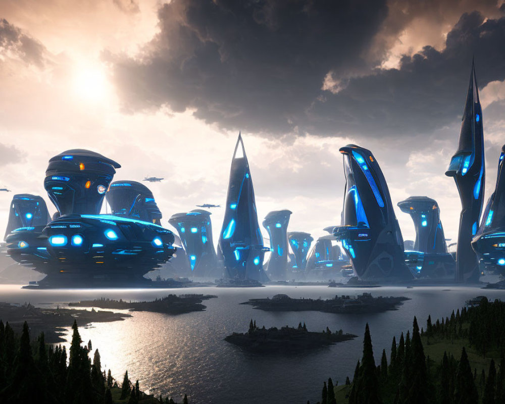 Futuristic cityscape with glowing blue skyscrapers and floating structures