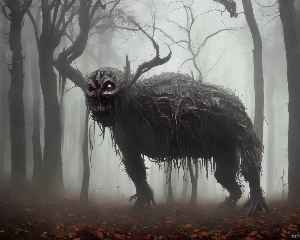 Menacing beast-like creature with glowing red eyes in foggy forest