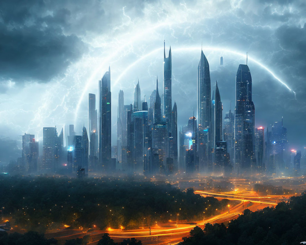 Futuristic city skyline at night with lightning storm and light trails.