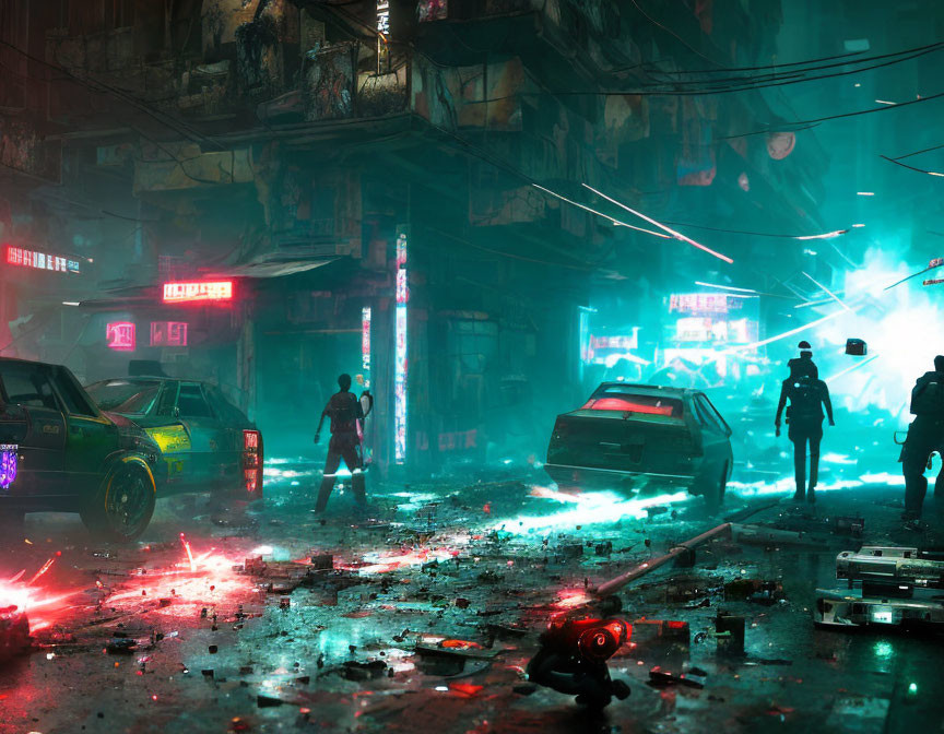 Dystopian neon-lit scene with silhouettes, futuristic cars, and debris