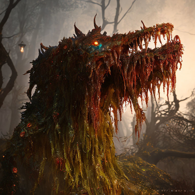 Moss-Covered Mythical Creature in Misty Forest with Glowing Eyes