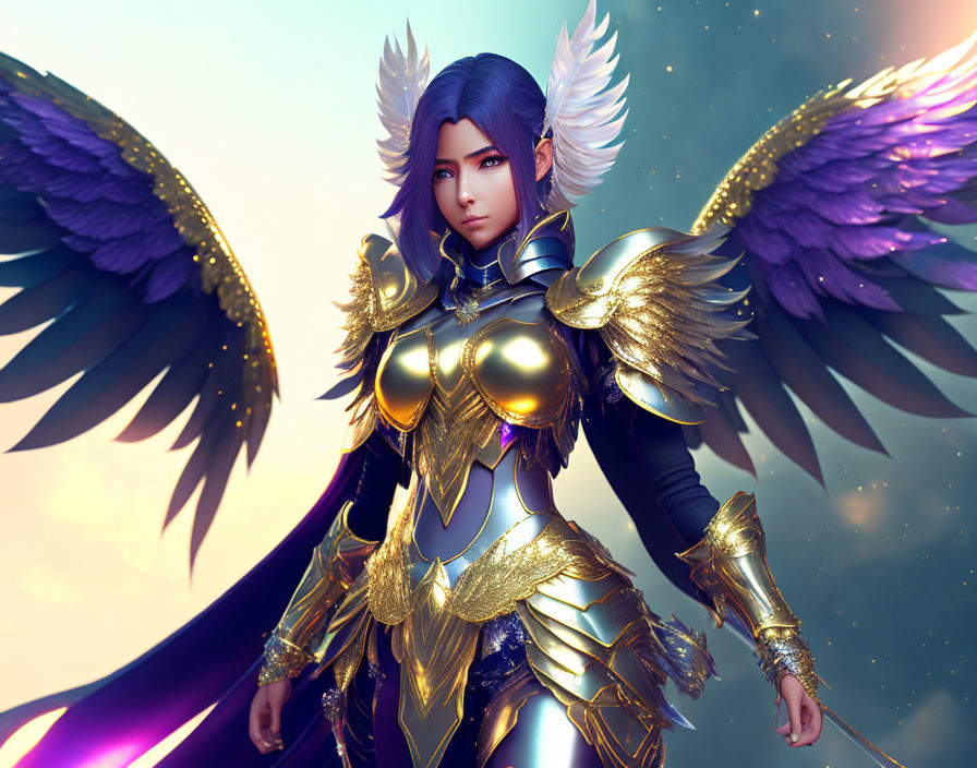 Digital artwork featuring female character with purple wings, golden armor, and blue hair.