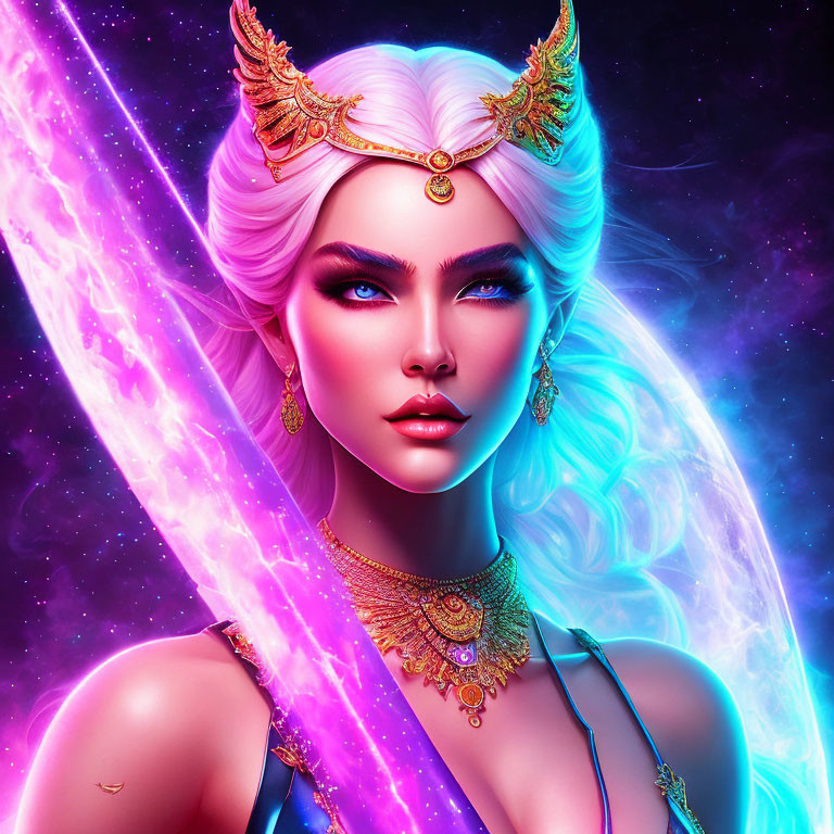 Digital art: Woman with white hair, pink energy sword, golden crown, cosmic backdrop