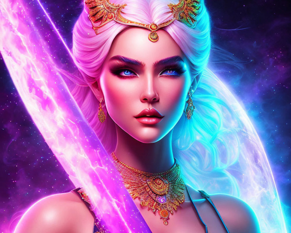 Digital art: Woman with white hair, pink energy sword, golden crown, cosmic backdrop