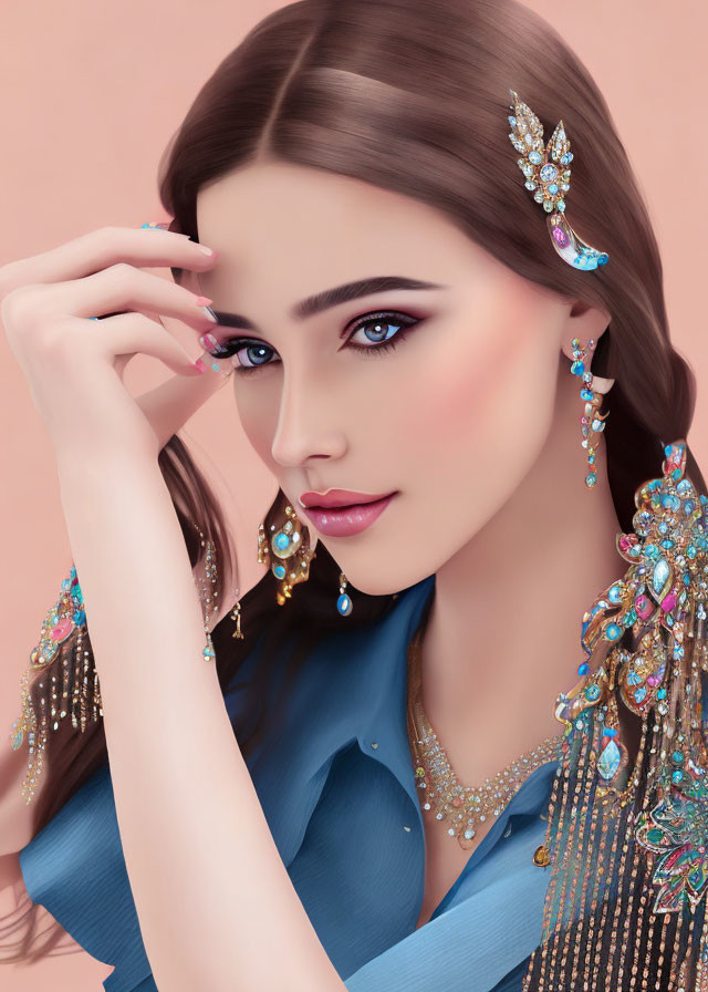 Digital Artwork: Woman with Striking Blue Eyes and Jeweled Earrings on Pink Background