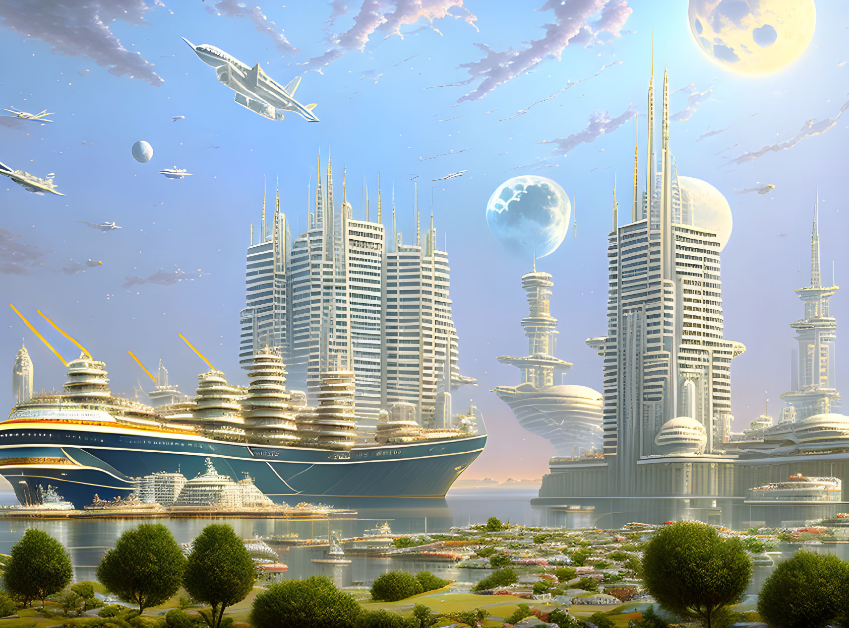 Futuristic cityscape with towering spires, ship-like structure, lush parks, and multiple moons