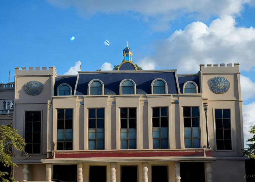 European-style building with ornate blue and gold dome, red awning, clock, and large windows