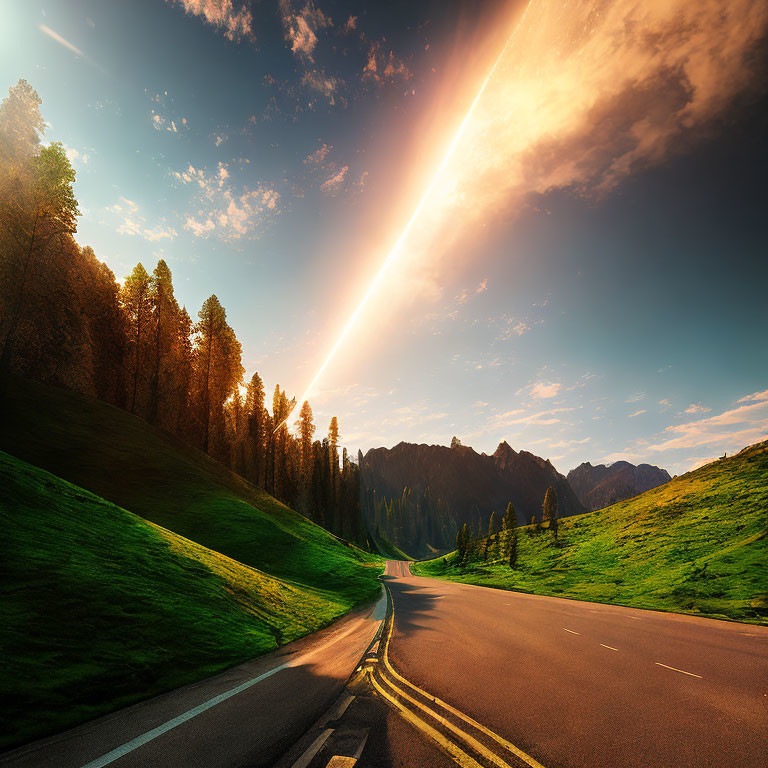 Scenic road through lush valley with towering pine trees under dramatic day-night sky