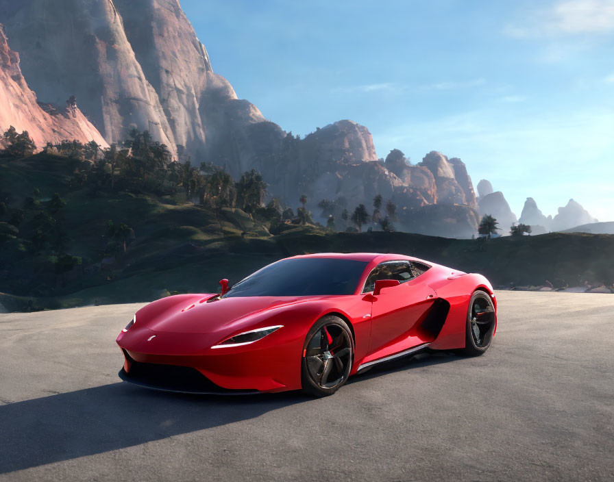 Red Sports Car Parked on Open Road with Rocky Mountains and Blue Sky