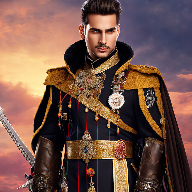 Regal figure in ornate military uniform with sword under dramatic sky