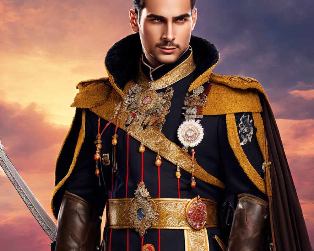 Regal figure in ornate military uniform with sword under dramatic sky