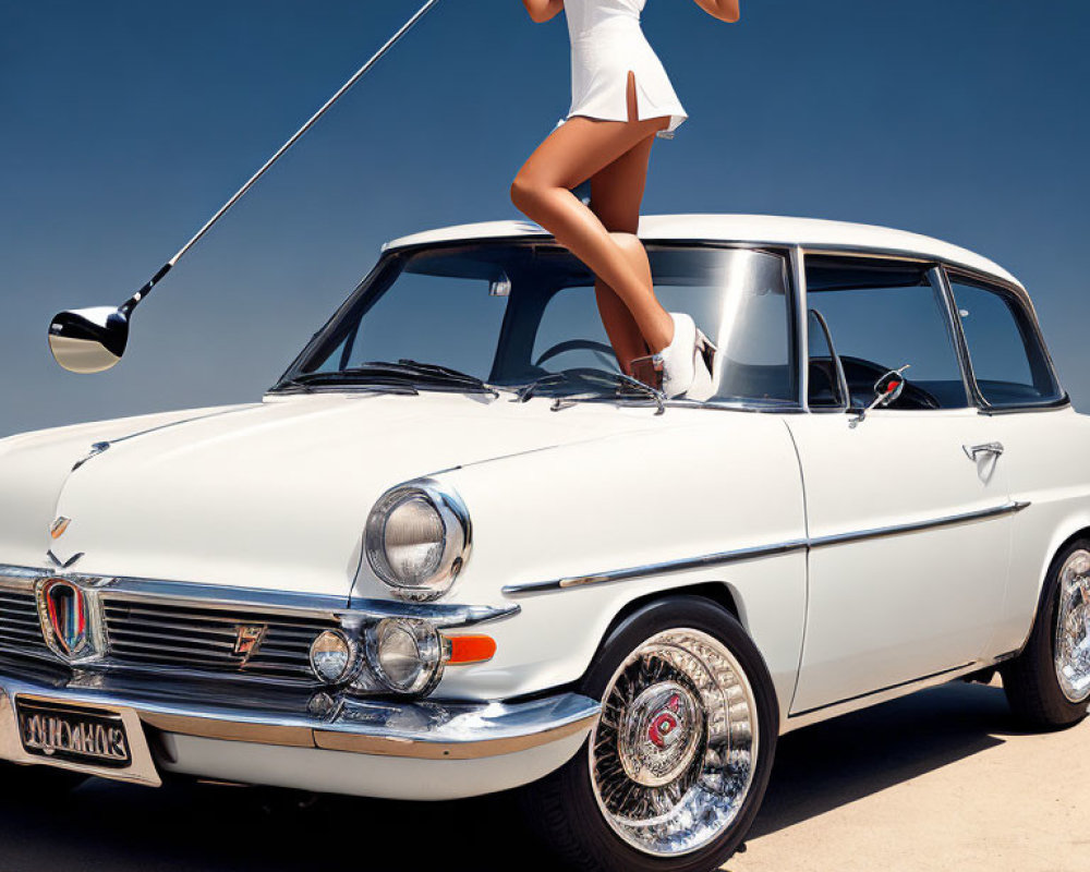 Woman in white outfit posing with golf club on classic car under blue sky