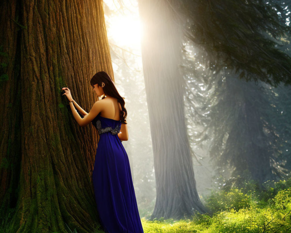 Woman in Blue Dress Standing by Tree in Forest with Sunlight Filtering Through Foliage