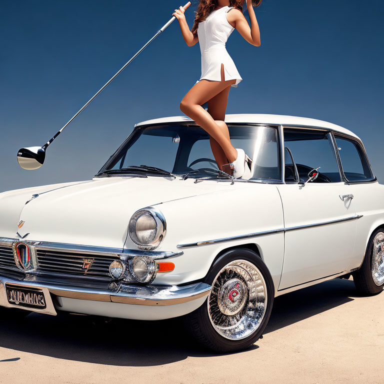 Woman in white outfit posing with golf club on classic car under blue sky