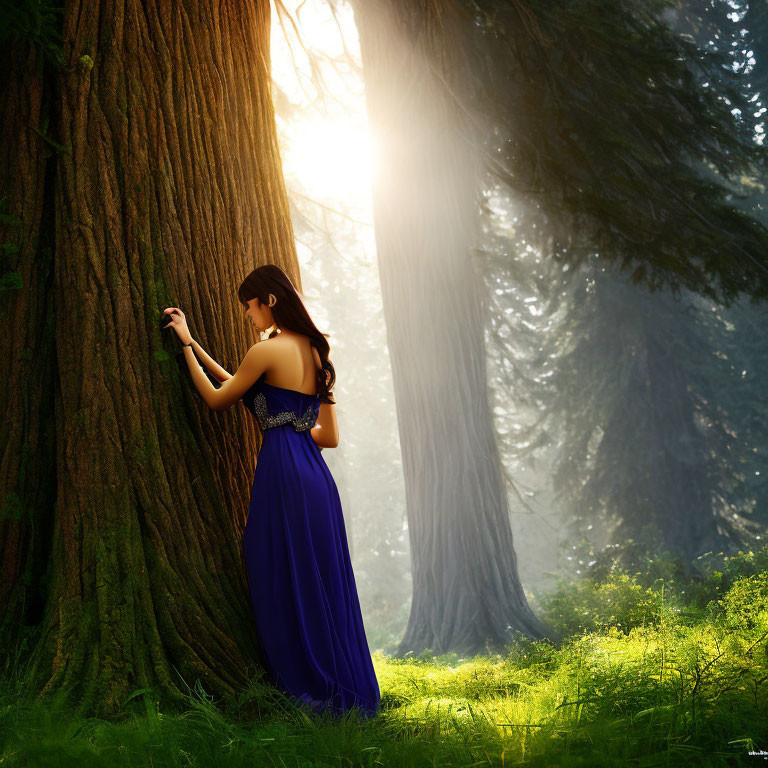 Woman in Blue Dress Standing by Tree in Forest with Sunlight Filtering Through Foliage