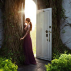 Woman in Blue Dress Standing by Tree in Forest with Sunlight Filtering Through Foliage