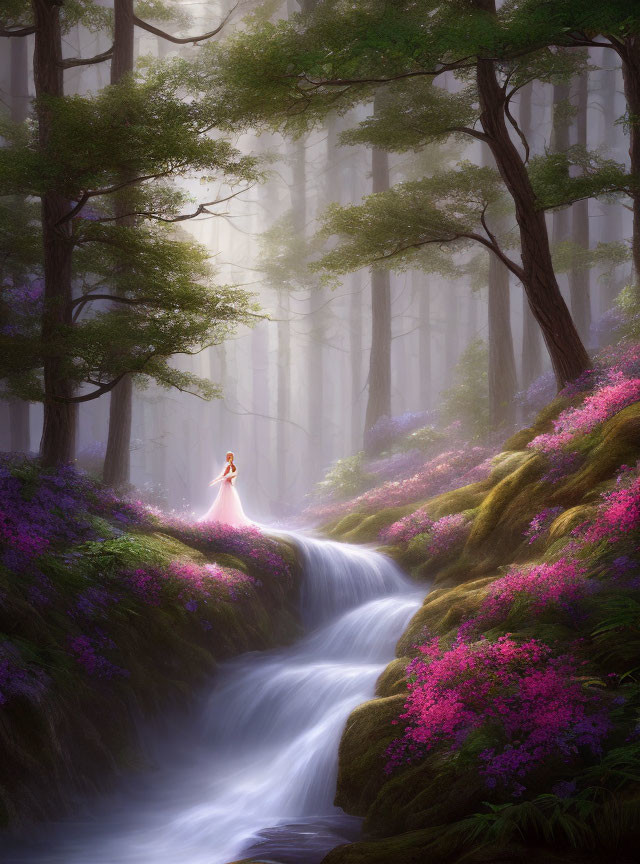 Woman in pink dress by waterfall in serene forest with pink flowers