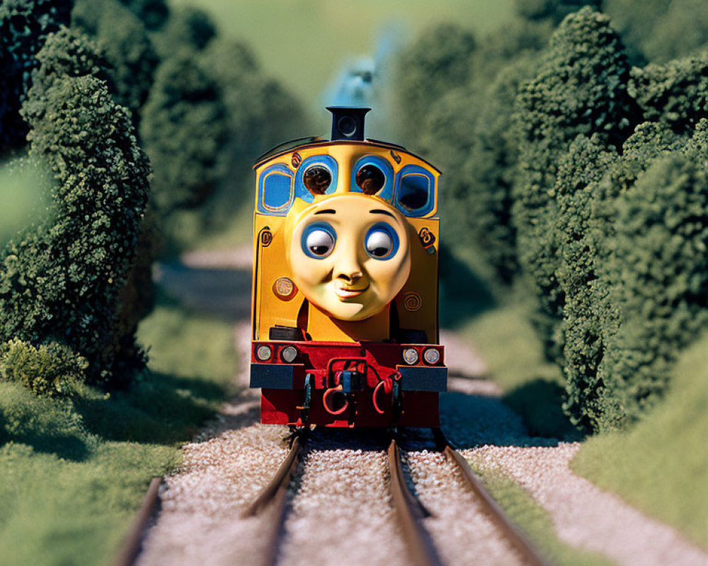 Colorful anthropomorphic train toy on tracks in nature landscape