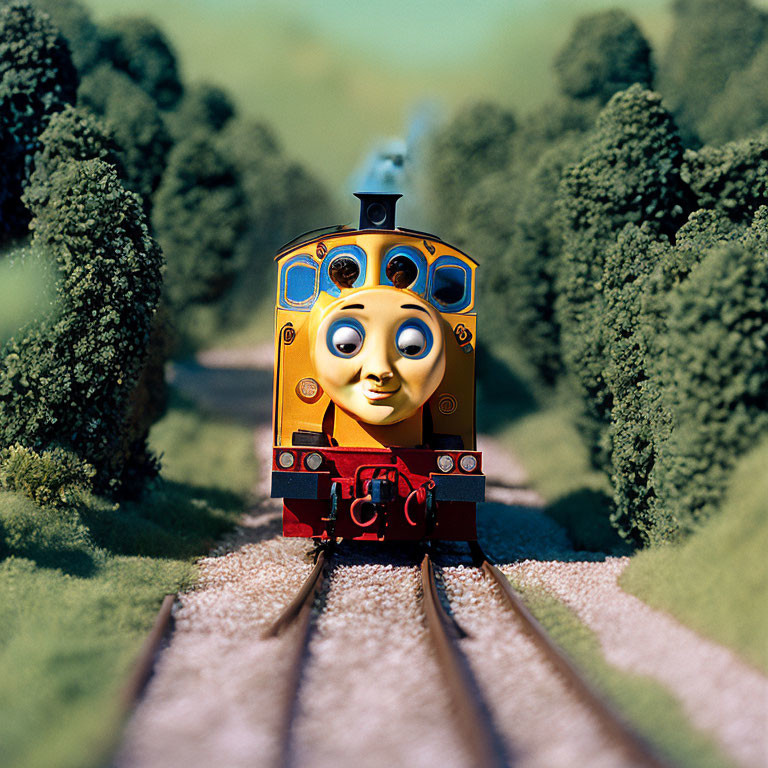 Colorful anthropomorphic train toy on tracks in nature landscape