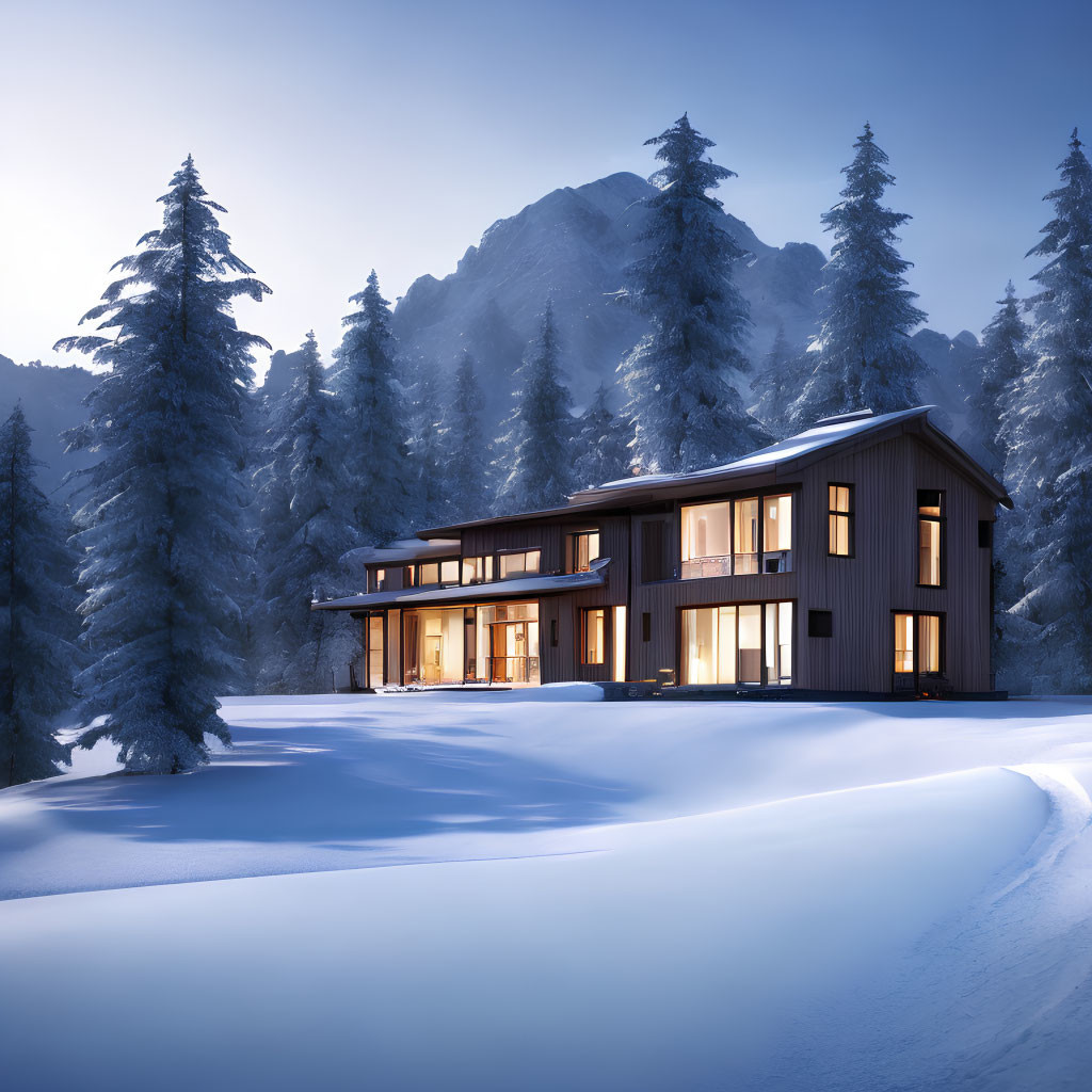 Snowy twilight scene of illuminated two-story house