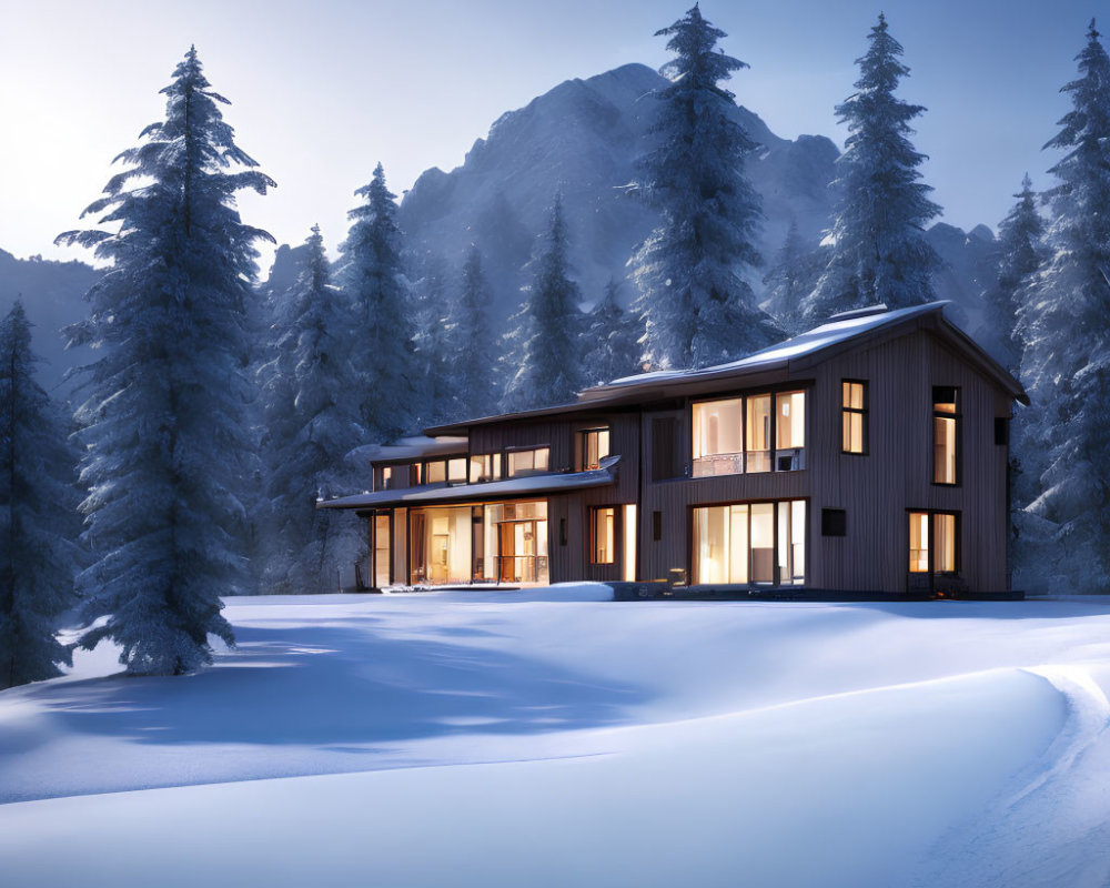 Snowy twilight scene of illuminated two-story house