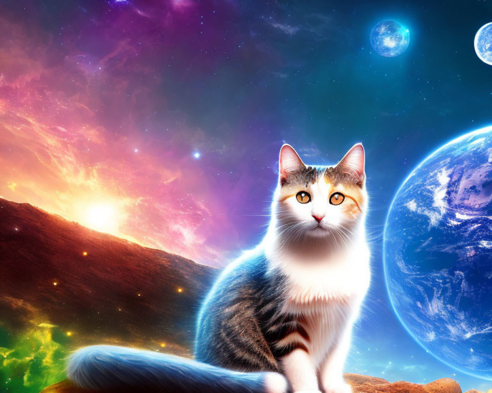 Cat sitting on rocky surface with cosmic backdrop of colorful nebulae, stars, and planets.