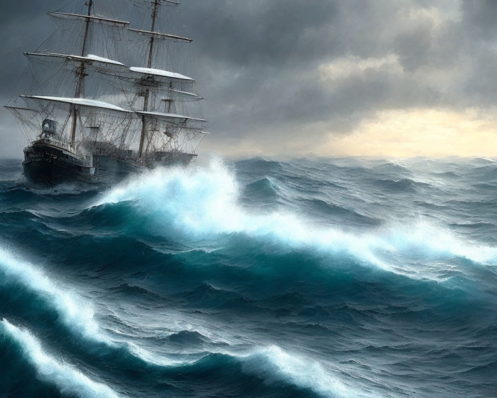 Tall Ship Sailing Through Stormy Seas