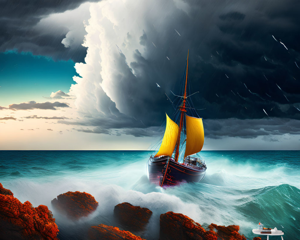 Yellow-sail sailboat in stormy seas near rocky shores under dramatic sky