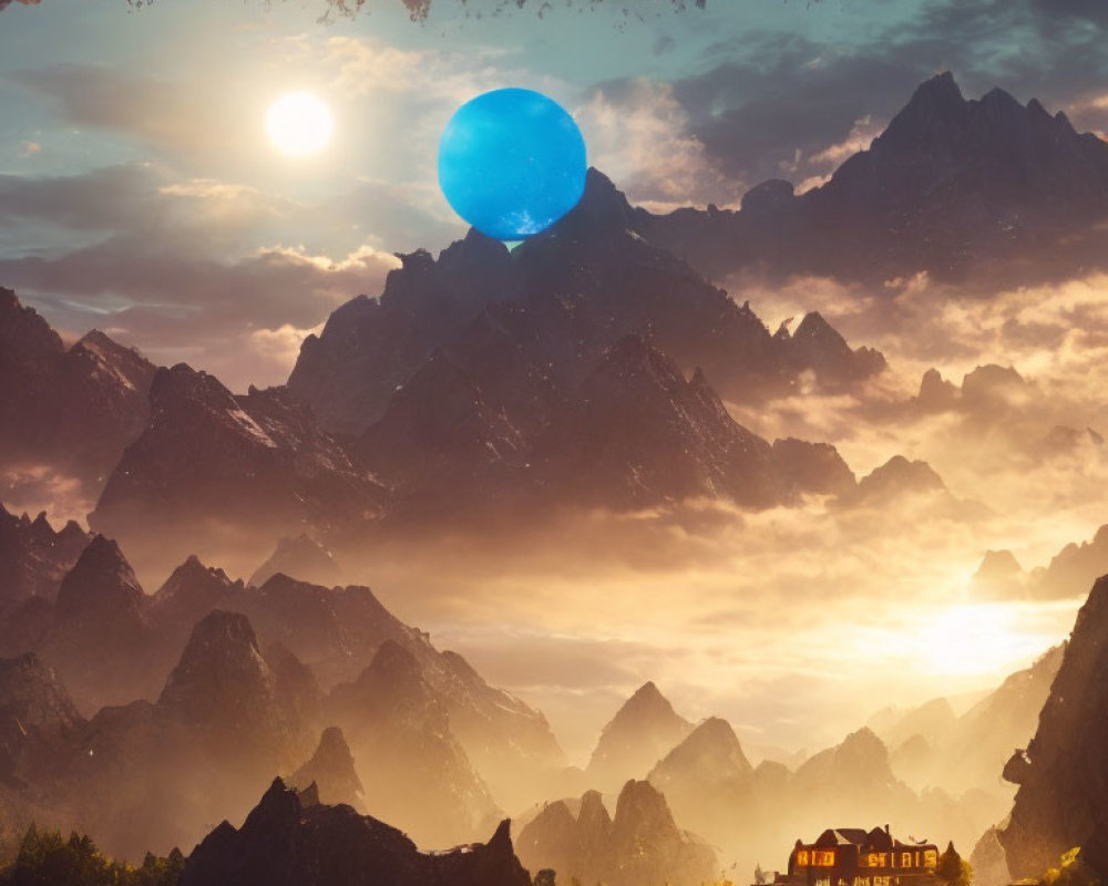 Surreal landscape with blue planet, sunlit mountains, and lone house